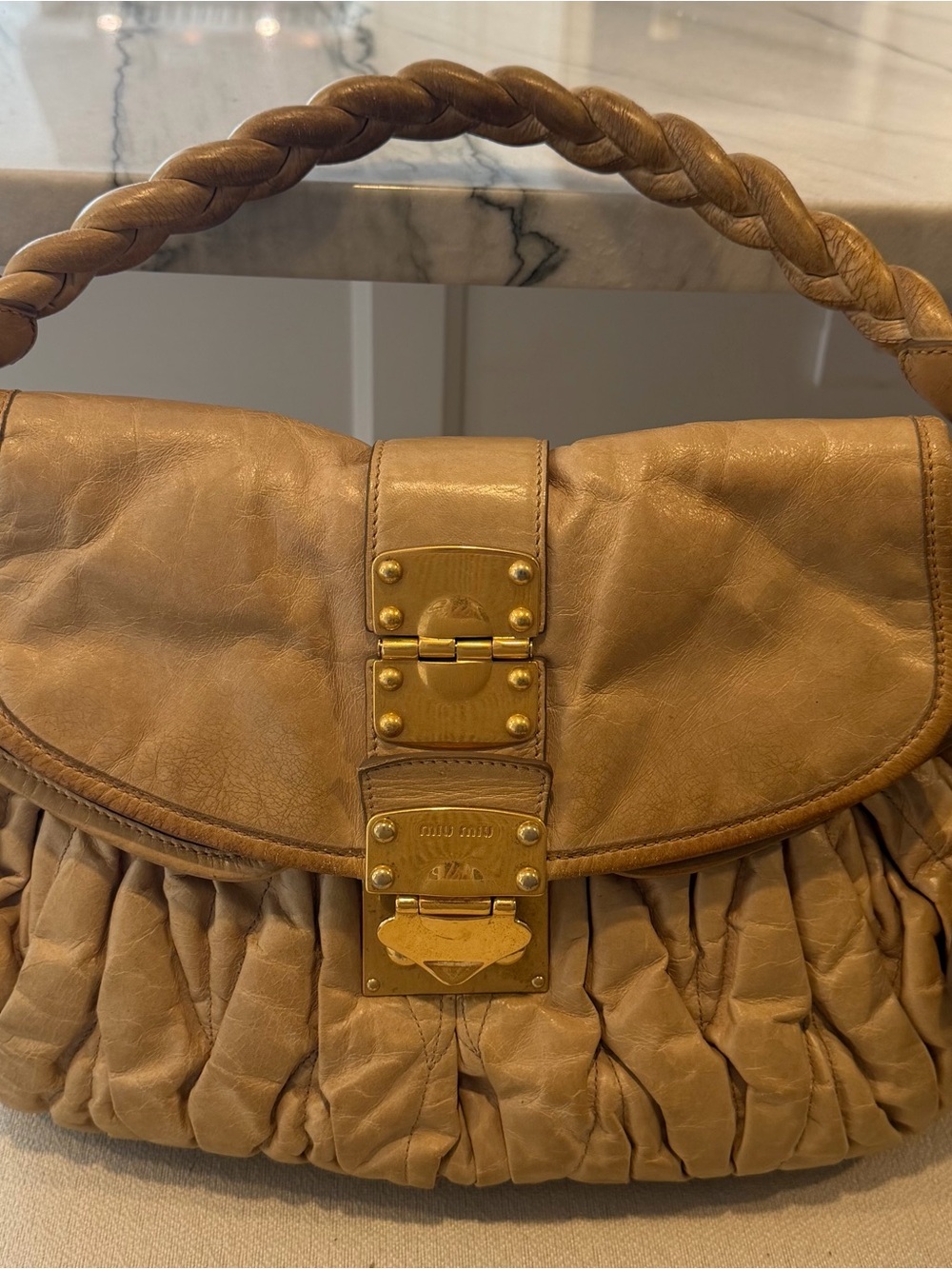 Miu Miu Brown/Tan Braided-Handle Shoulder Bag with Gold Hardware